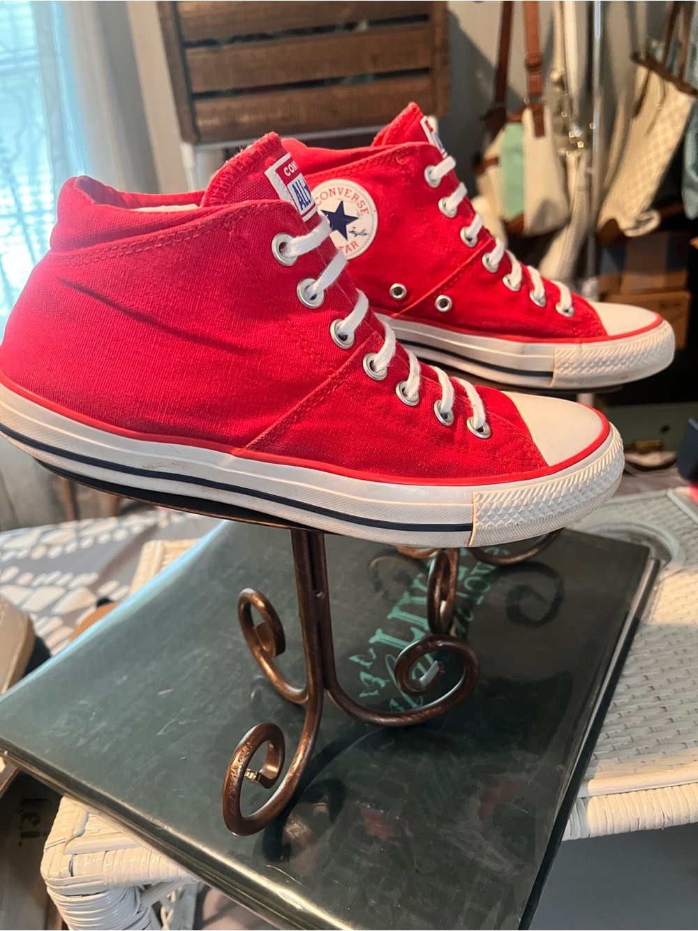 Women’s Converse Red Canvas Mid-Top Sneakers with White Accents